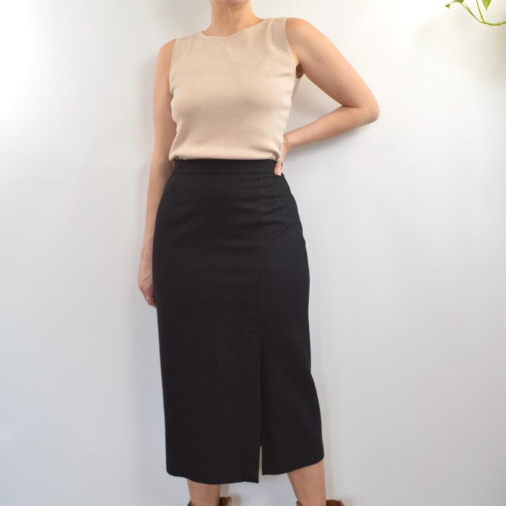 medium black wool midi skirt with off center front slit and full lining